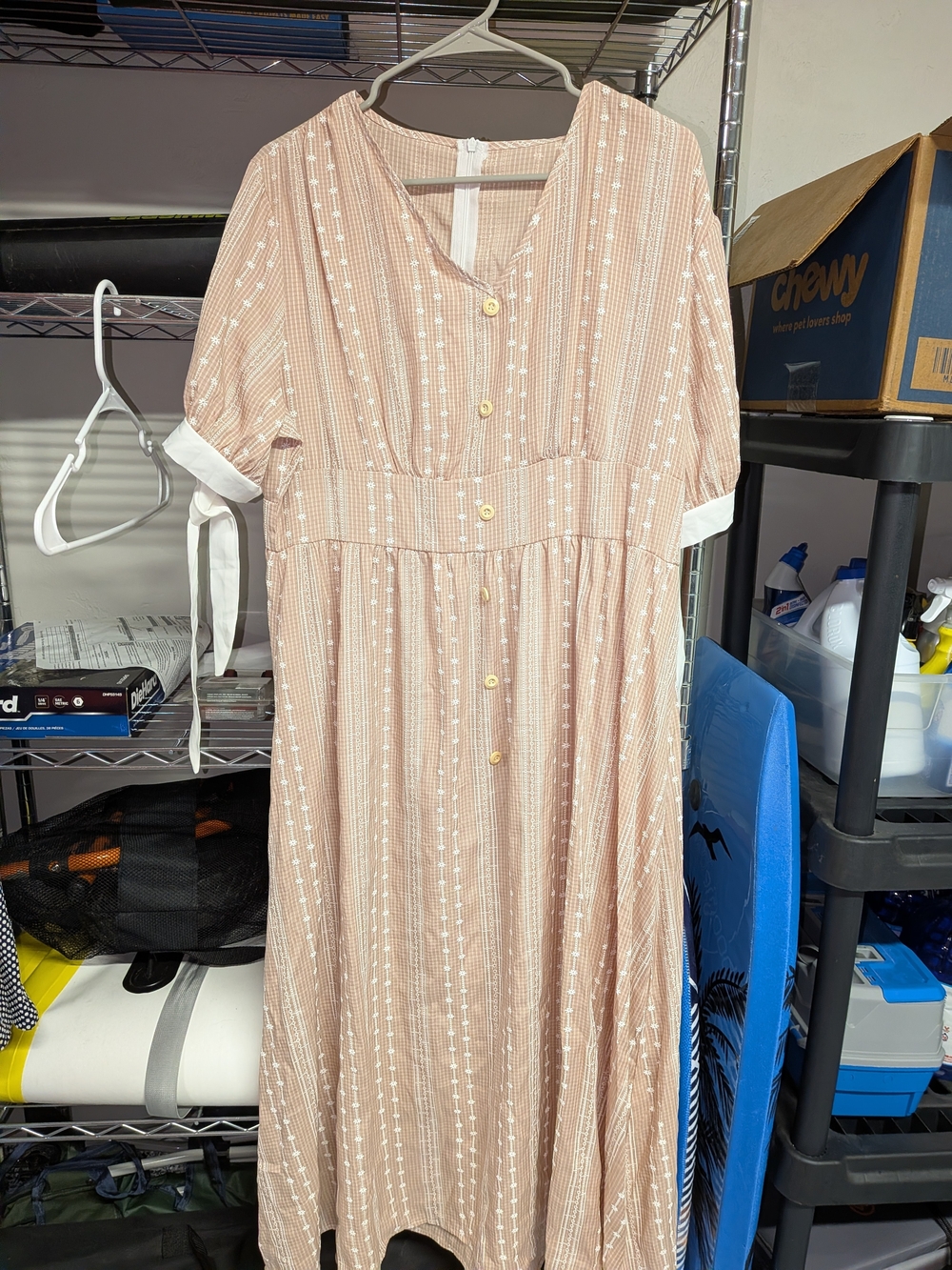 Peach Midi Button-Front Dress with Tie Sleeve Detail